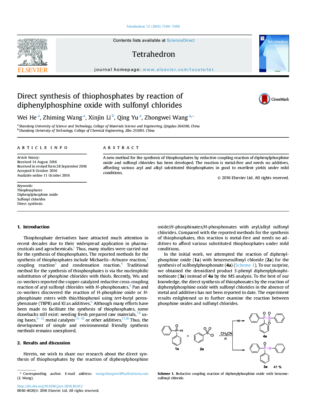 Direct synthesis of thiophosphates by reaction of diphenylphosphine oxide with sulfonyl chlorides