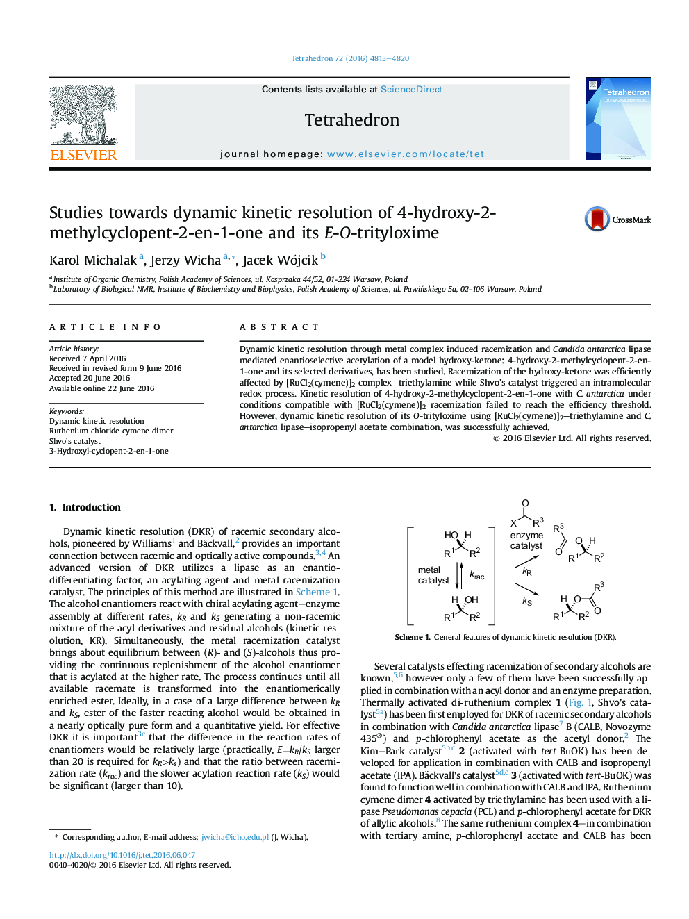 Studies towards dynamic kinetic resolution of 4-hydroxy-2-methylcyclopent-2-en-1-one and its E-O-trityloxime