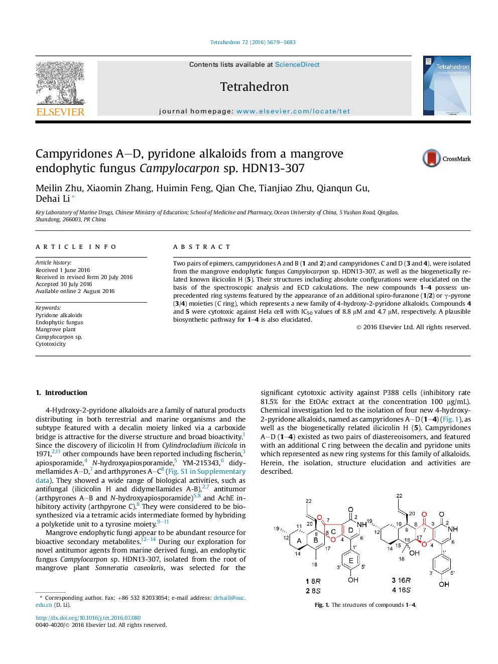 Campyridones A-D, pyridone alkaloids from a mangrove endophytic fungus Campylocarpon sp. HDN13-307