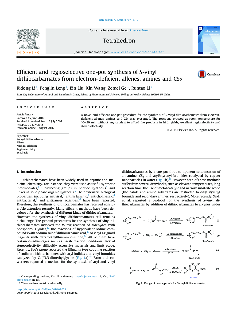 Efficient and regioselective one-pot synthesis of S-vinyl dithiocarbamates from electron-deficient allenes, amines and CS2