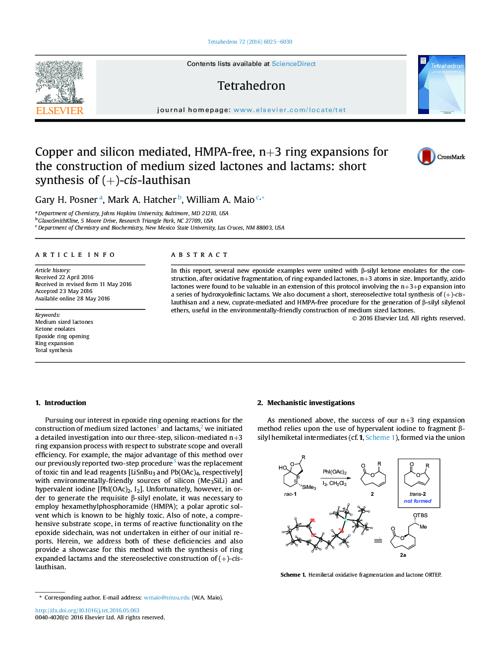 Copper and silicon mediated, HMPA-free, n+3 ring expansions for the construction of medium sized lactones and lactams: short synthesis of (+)-cis-lauthisan
