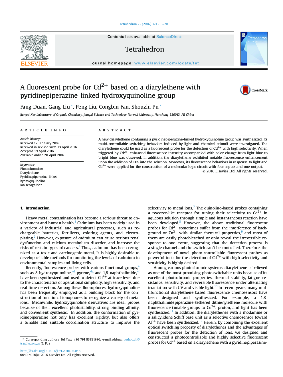 A fluorescent probe for Cd2+ based on a diarylethene with pyridinepiperazine-linked hydroxyquinoline group