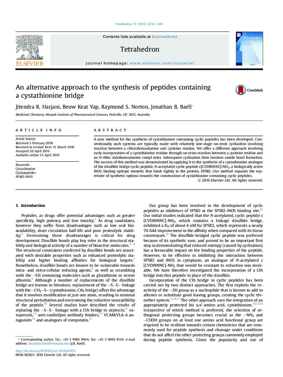 An alternative approach to the synthesis of peptides containing a cystathionine bridge