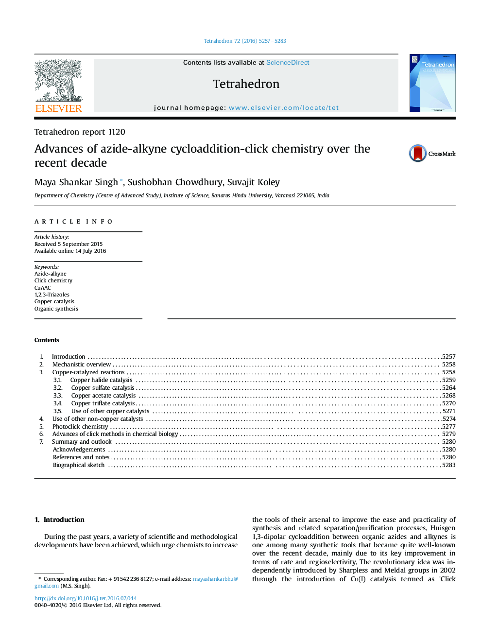 Tetrahedron report 1120Advances of azide-alkyne cycloaddition-click chemistry over the recent decade