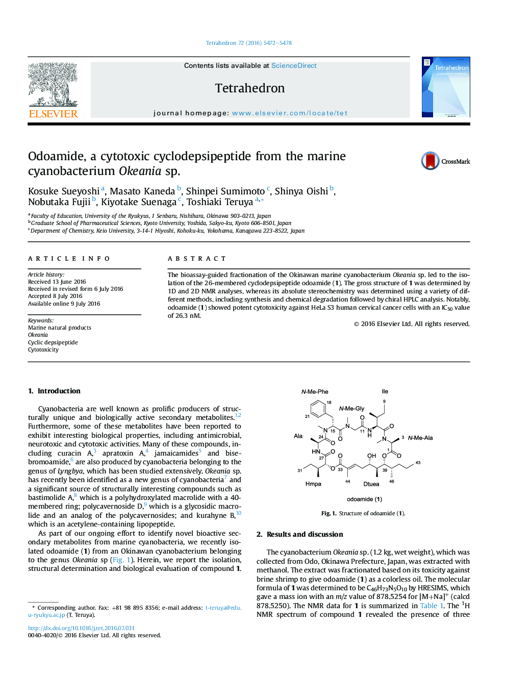 Odoamide, a cytotoxic cyclodepsipeptide from the marine cyanobacterium Okeania sp.