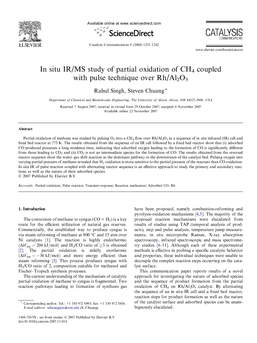 In situ IR/MS study of partial oxidation of CH4 coupled with pulse technique over Rh/Al2O3