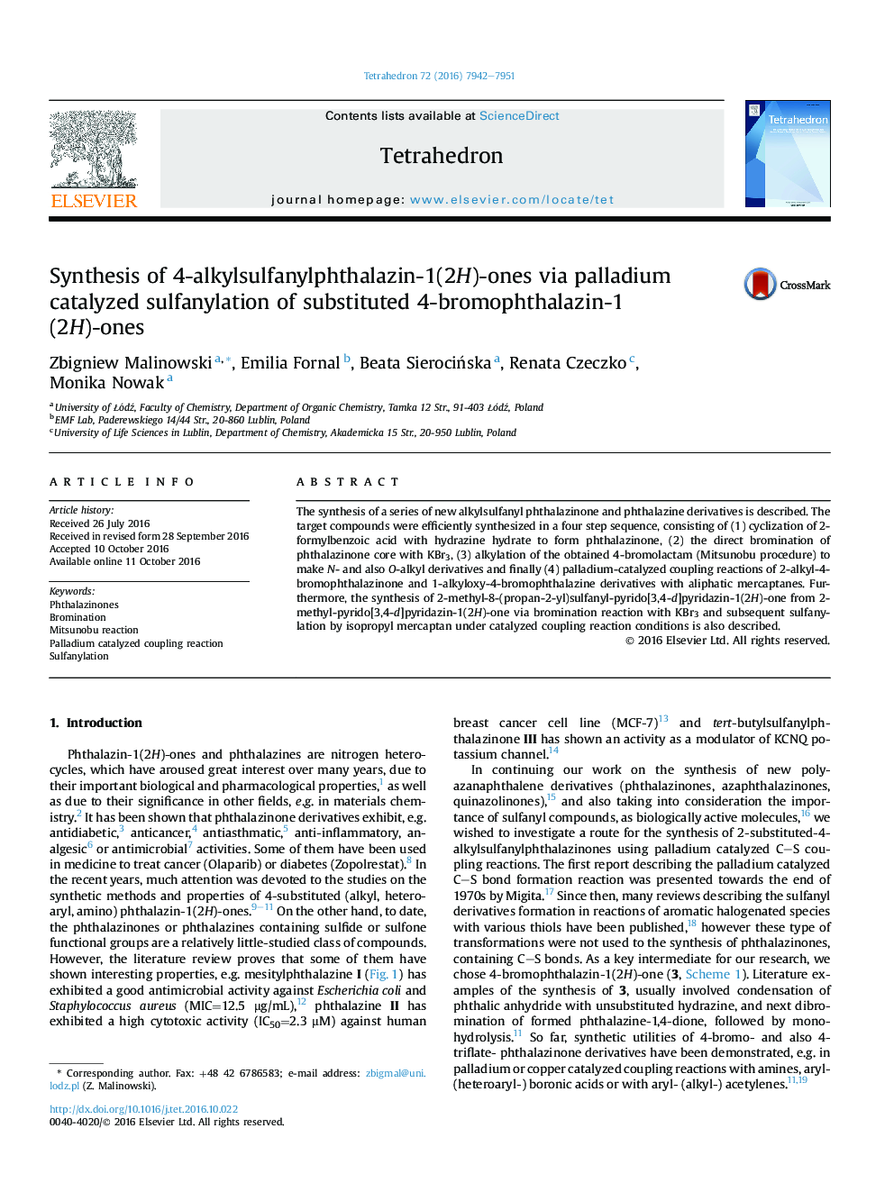 Synthesis of 4-alkylsulfanylphthalazin-1(2H)-ones via palladium catalyzed sulfanylation of substituted 4-bromophthalazin-1(2H)-ones