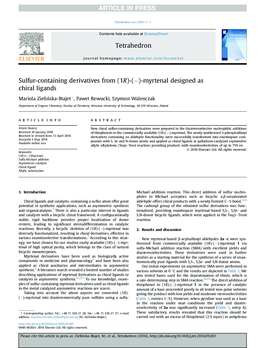 Sulfur-containing derivatives from (1R)-(â)-myrtenal designed as chiral ligands