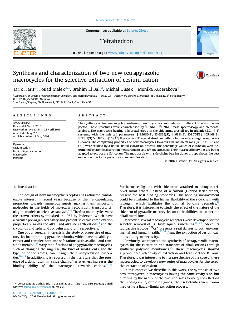 Synthesis and characterization of two new tetrapyrazolic macrocycles for the selective extraction of cesium cation