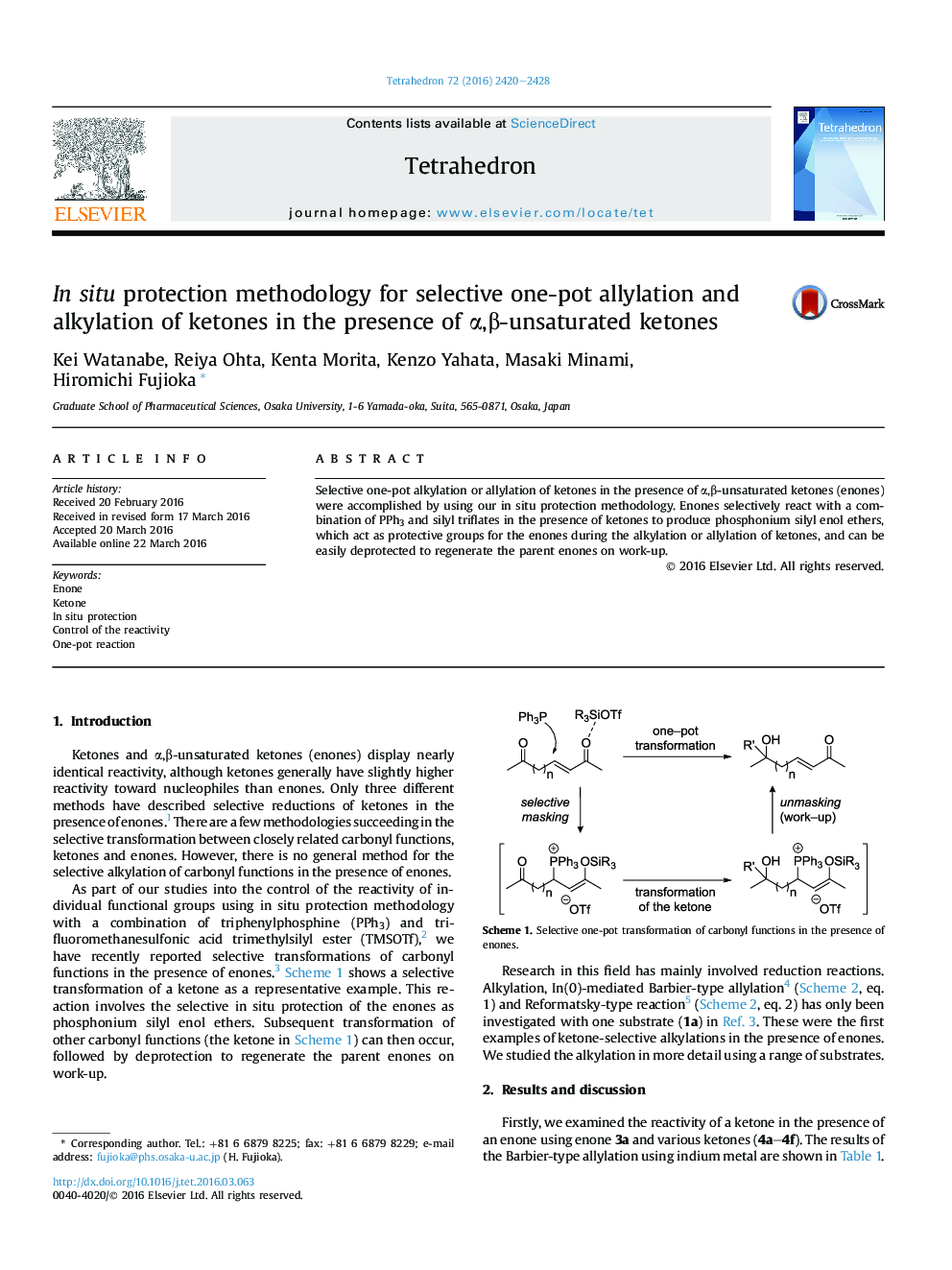 In situ protection methodology for selective one-pot allylation and alkylation of ketones in the presence of Î±,Î²-unsaturated ketones