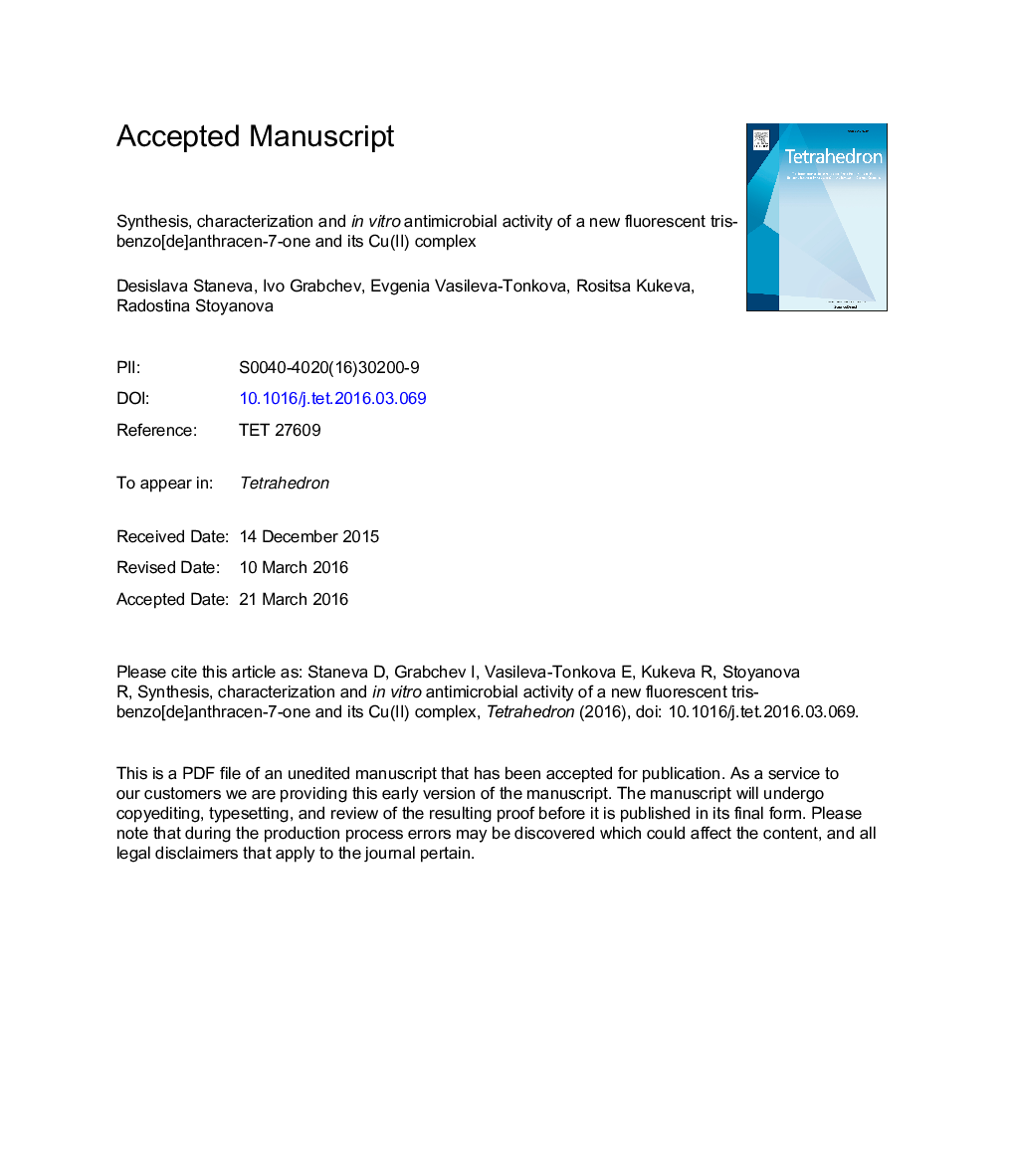 Synthesis, characterization and inÂ vitro antimicrobial activity of a new fluorescent tris-benzo[de]anthracen-7-one and its Cu(II) complex