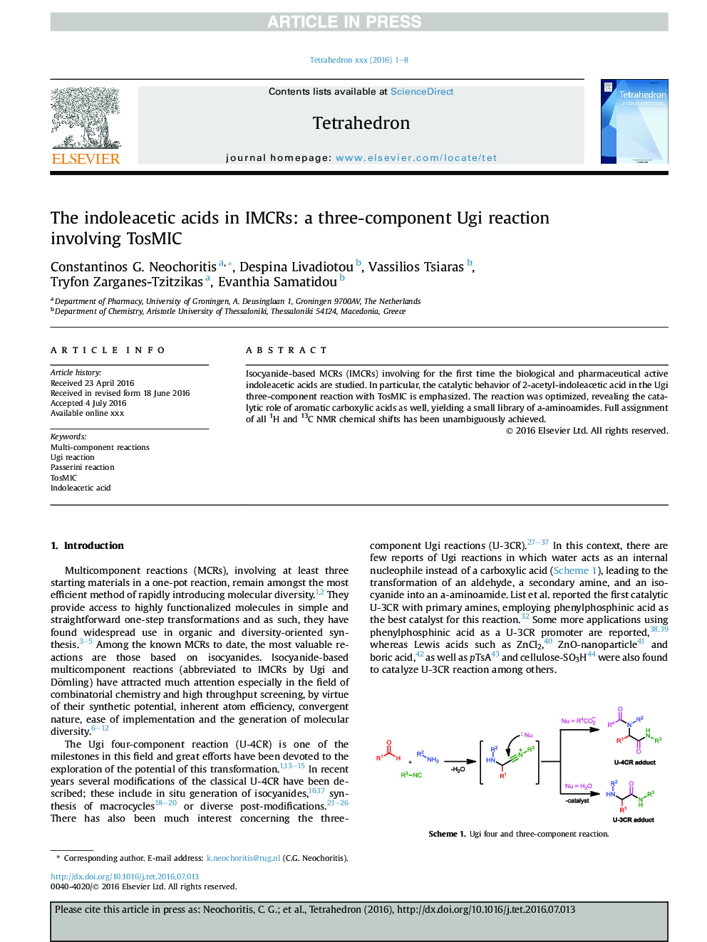 The indoleacetic acids in IMCRs: a three-component Ugi reaction involving TosMIC