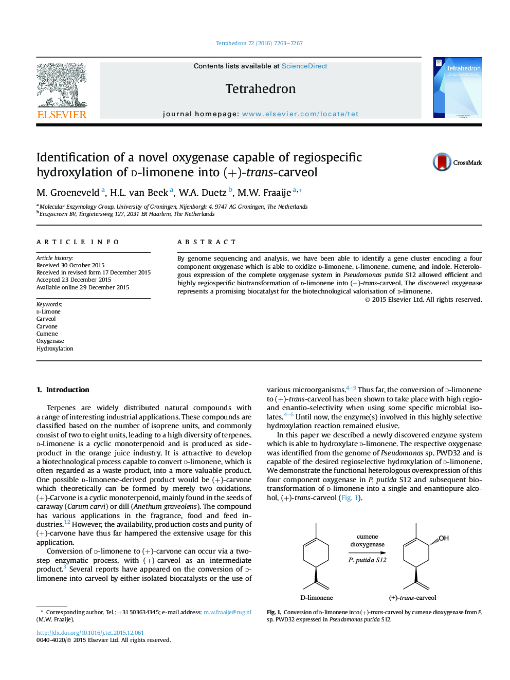 Identification of a novel oxygenase capable of regiospecific hydroxylation of d-limonene into (+)-trans-carveol