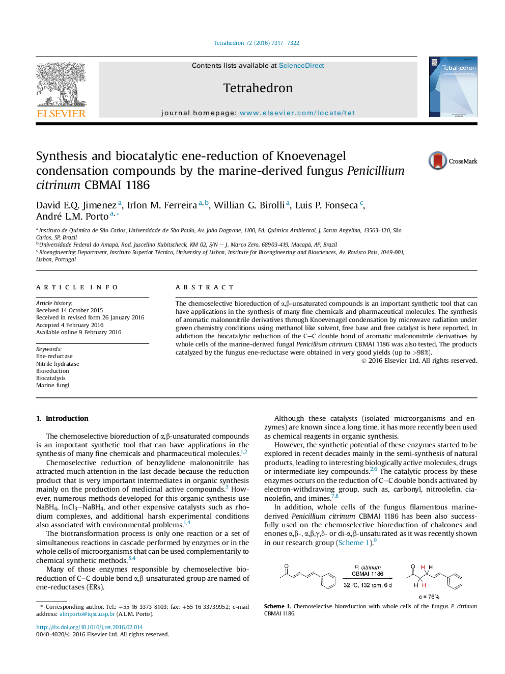 Synthesis and biocatalytic ene-reduction of Knoevenagel condensation compounds by the marine-derived fungus Penicillium citrinum CBMAI 1186