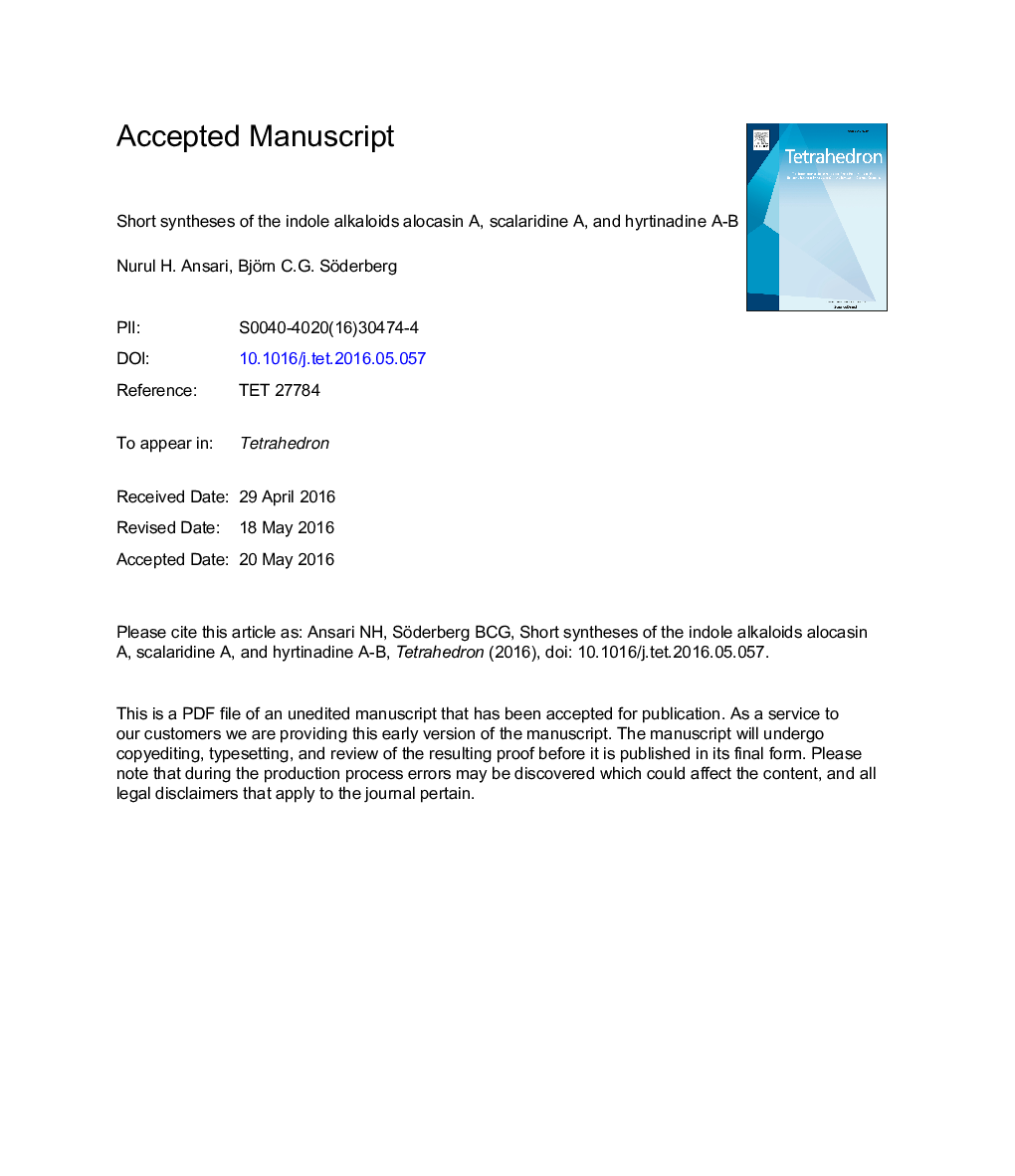 Short syntheses of the indole alkaloids alocasin A, scalaridine A, and hyrtinadine A-B