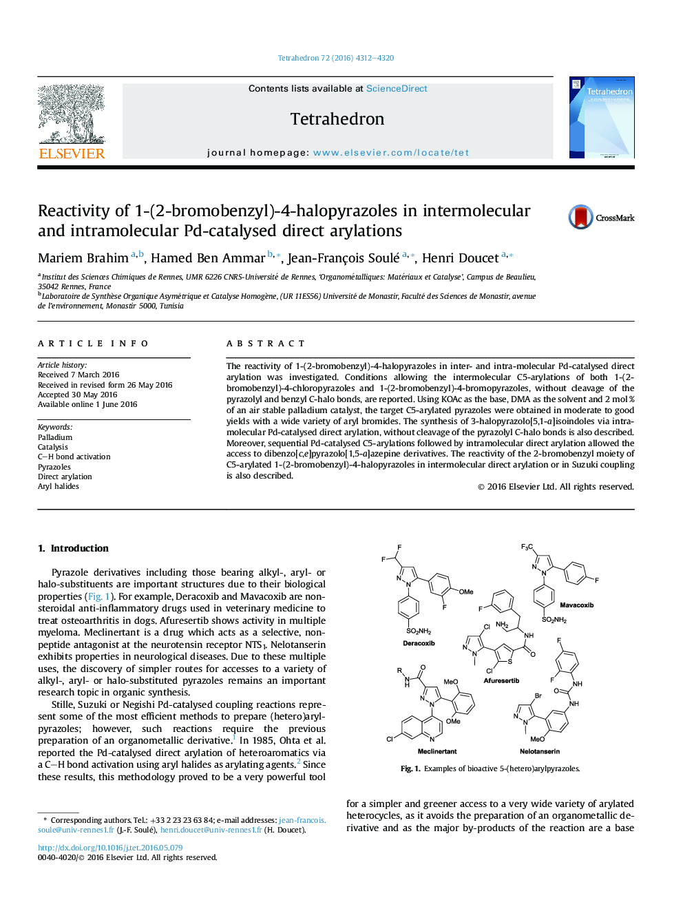 Reactivity of 1-(2-bromobenzyl)-4-halopyrazoles in intermolecular and intramolecular Pd-catalysed direct arylations