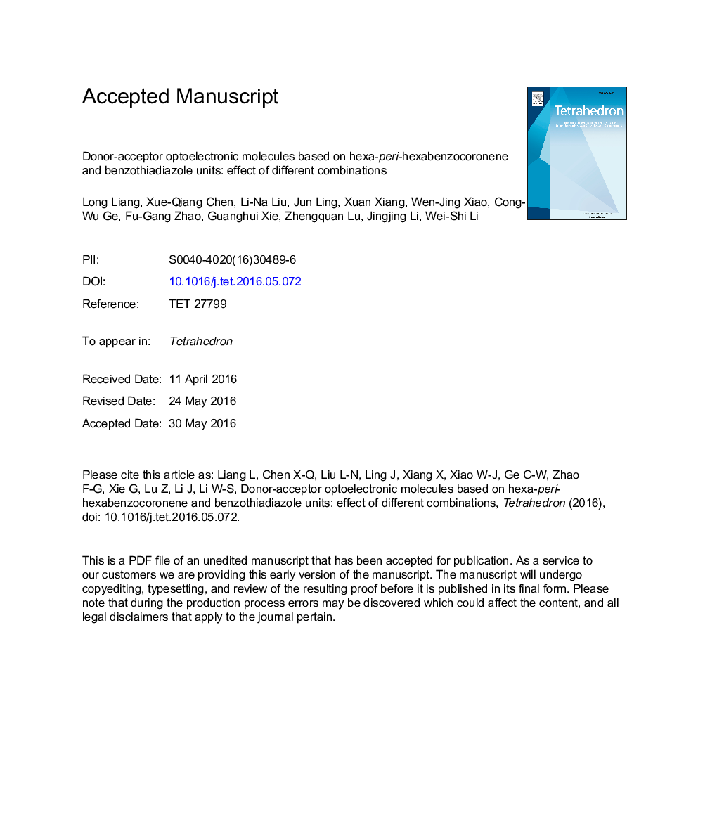 Donor-acceptor optoelectronic molecules based on hexa-peri-hexabenzocoronene and benzothiadiazole units: effectÂ ofÂ different combinations