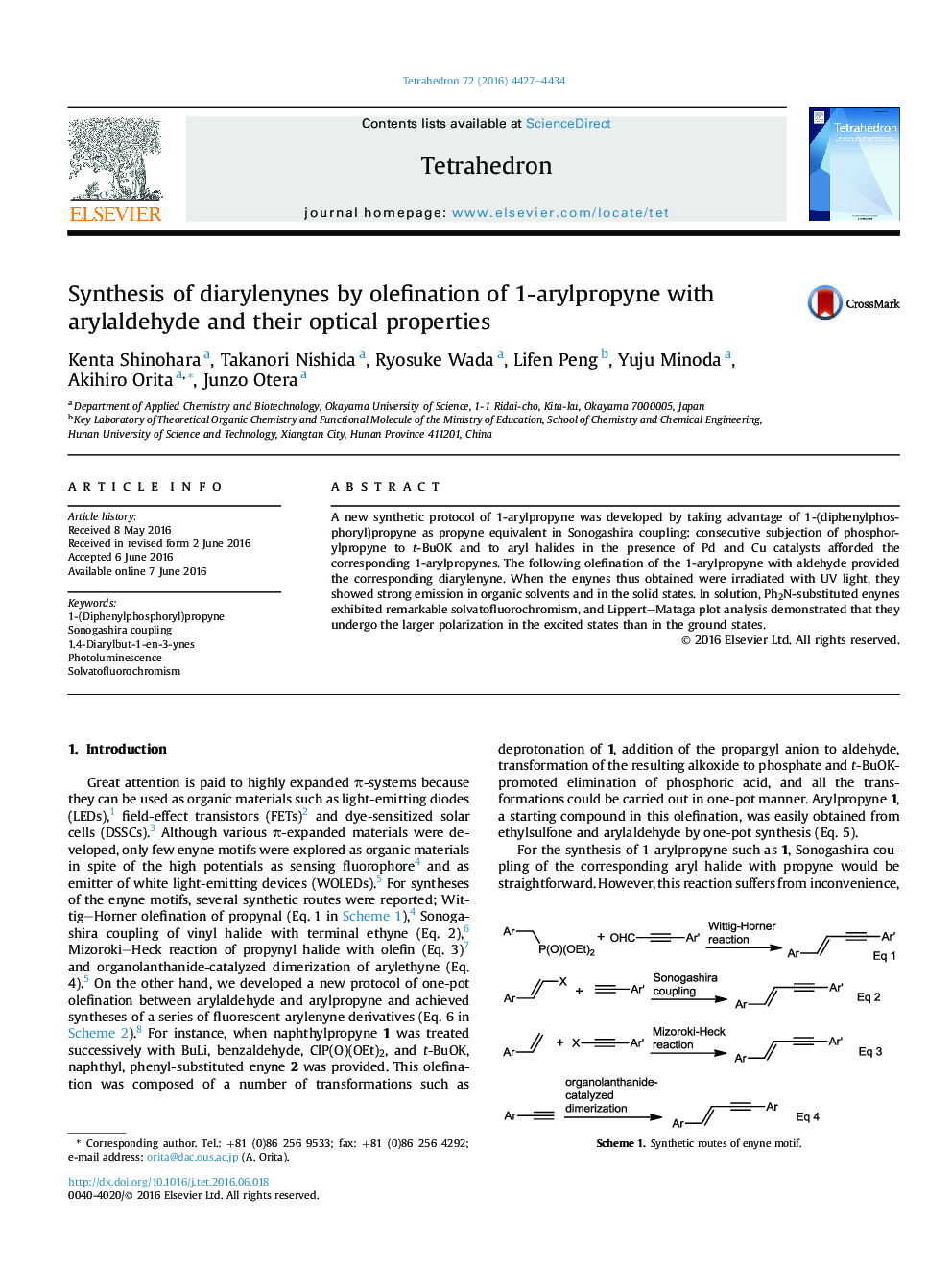 Synthesis of diarylenynes by olefination of 1-arylpropyne with arylaldehyde and their optical properties