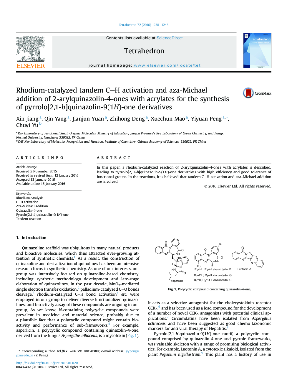 Rhodium-catalyzed tandem C-H activation and aza-Michael addition of 2-arylquinazolin-4-ones with acrylates for the synthesis of pyrrolo[2,1-b]quinazolin-9(1H)-one derivatives
