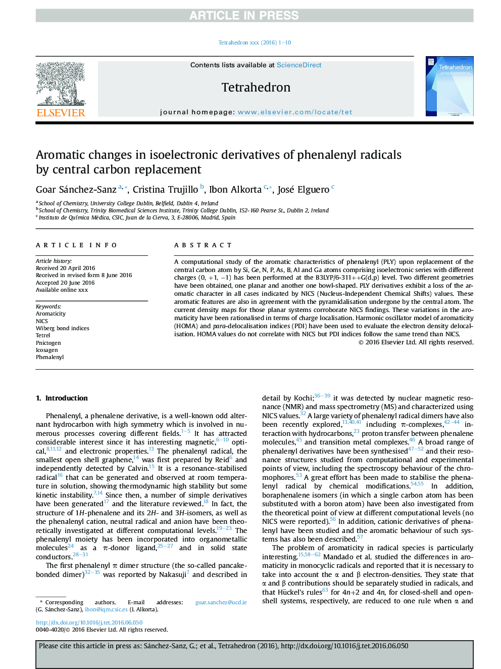 Aromatic changes in isoelectronic derivatives of phenalenyl radicals by central carbon replacement