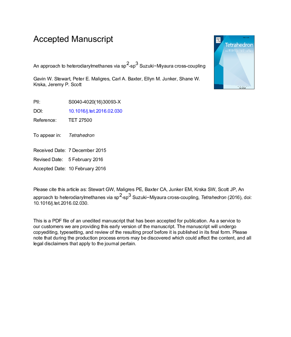 An approach to heterodiarylmethanes via sp2-sp3 SuzukiâMiyaura cross-coupling