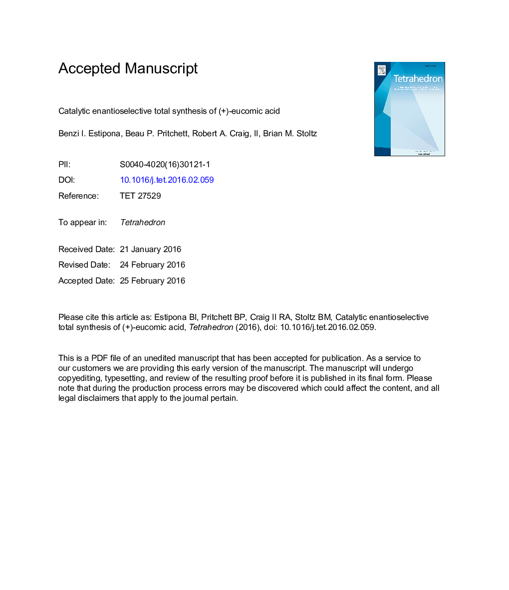 عکس صفحه اول مقاله: Catalytic enantioselective total synthesis of (+)-eucomic acid Catalytic enantioselective total synthesis of (+)-eucomic acid