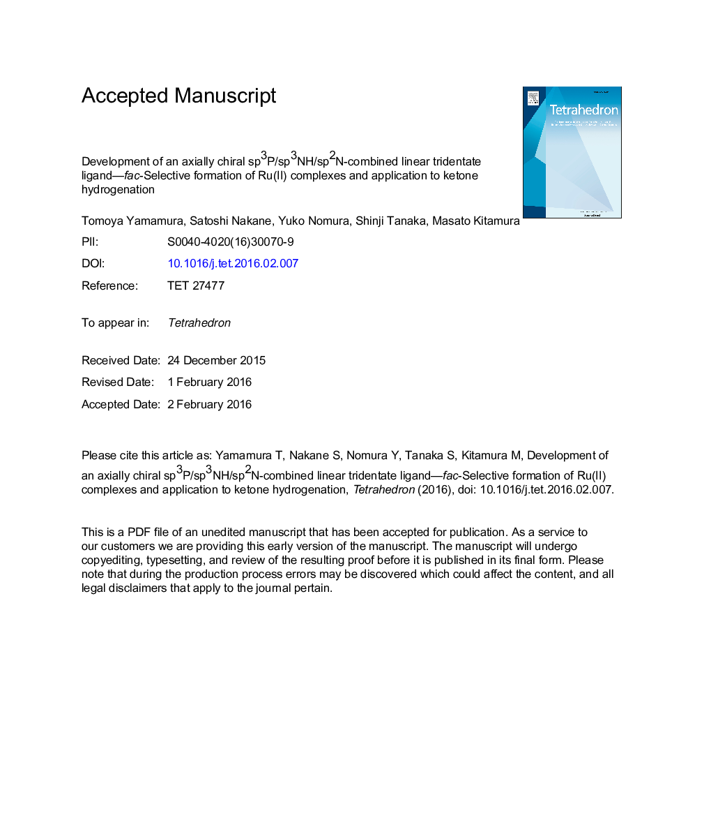 Development of an axially chiral sp3P/sp3NH/sp2N-combined linear tridentate ligand-fac-selective formation of Ru(II) complexes and application to ketone hydrogenation