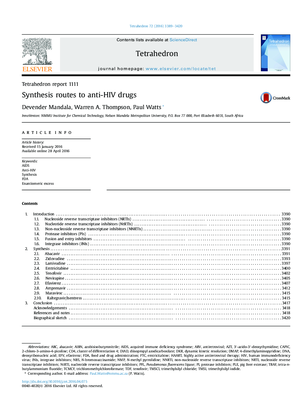 Tetrahedron report 1111Synthesis routes to anti-HIV drugs