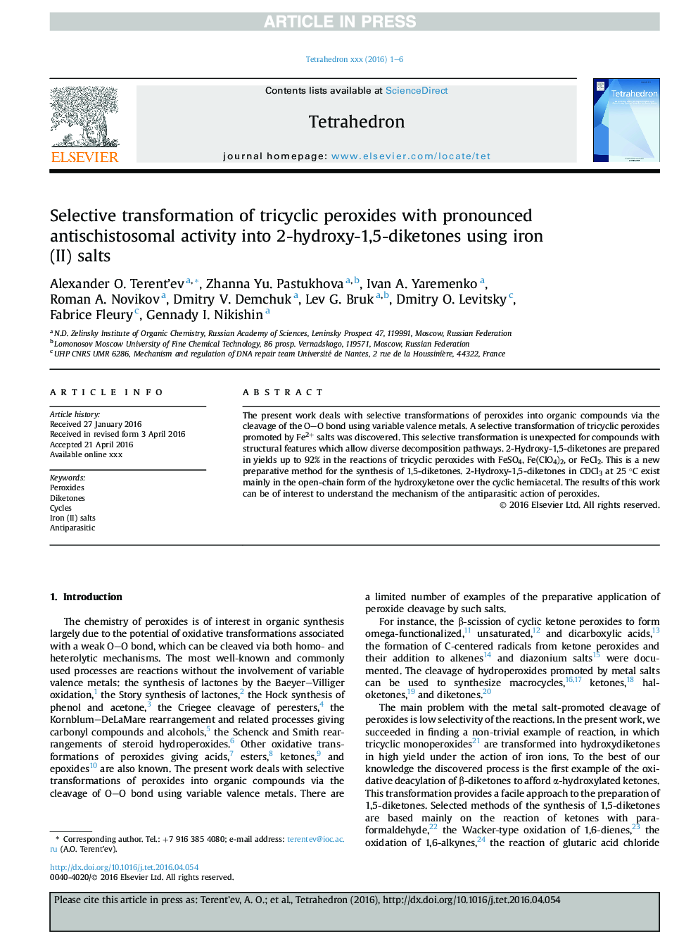 Selective transformation of tricyclic peroxides with pronounced antischistosomal activity into 2-hydroxy-1,5-diketones using iron (II) salts