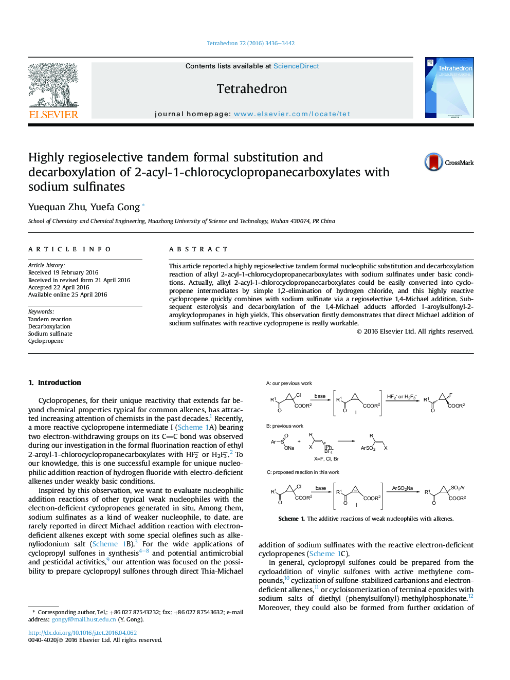 Highly regioselective tandem formal substitution and decarboxylation of 2-acyl-1-chlorocyclopropanecarboxylates with sodium sulfinates