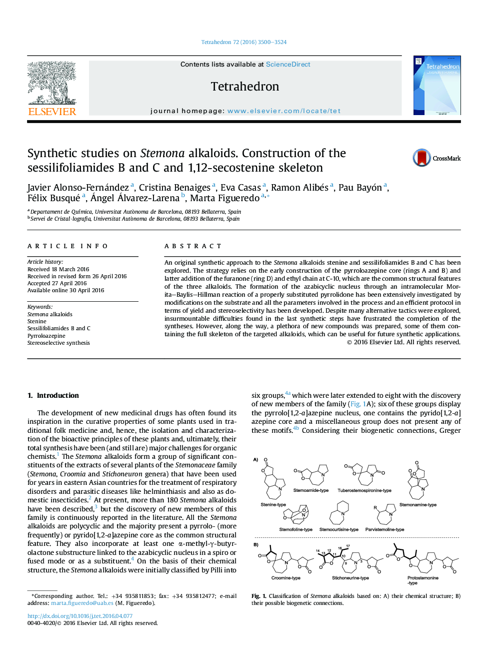 Synthetic studies on Stemona alkaloids. Construction of the sessilifoliamides B and C and 1,12-secostenine skeleton