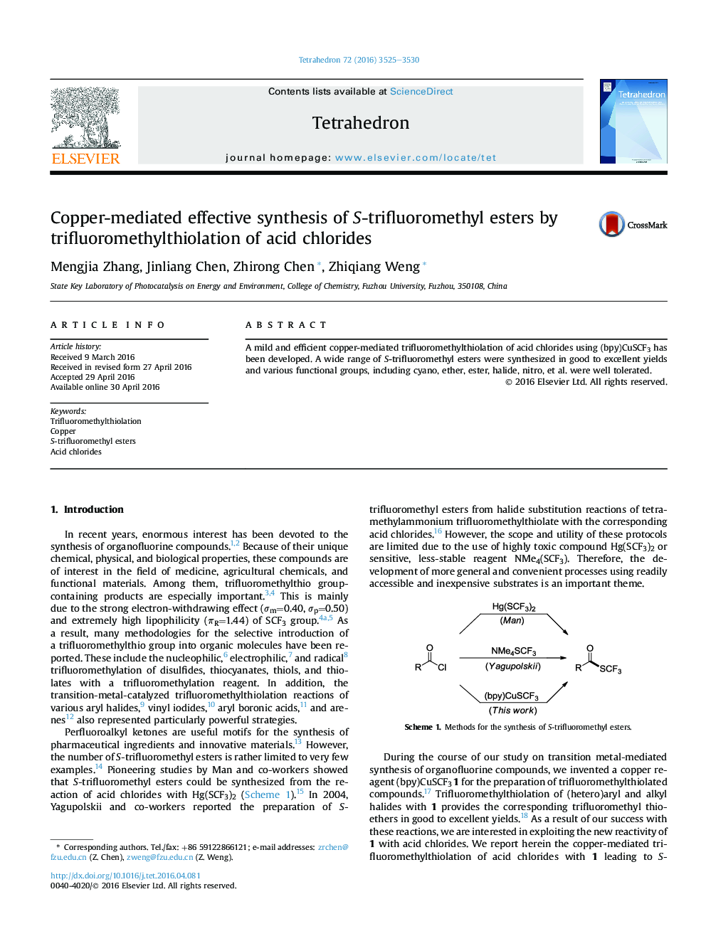 Copper-mediated effective synthesis of S-trifluoromethyl esters by trifluoromethylthiolation of acid chlorides