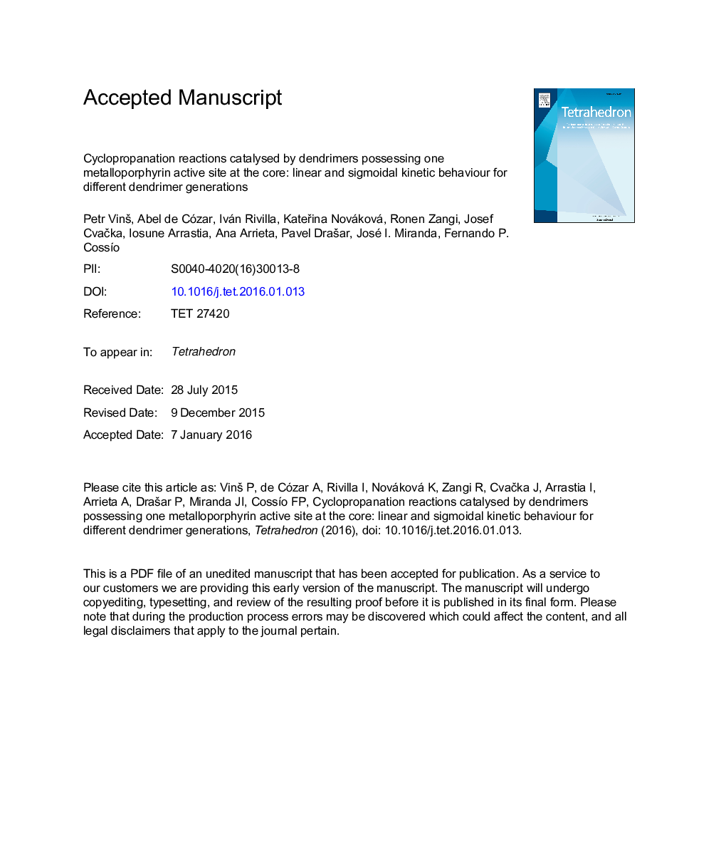 Cyclopropanation reactions catalysed by dendrimers possessing one metalloporphyrin active site at the core: linear and sigmoidal kinetic behaviour for different dendrimer generations