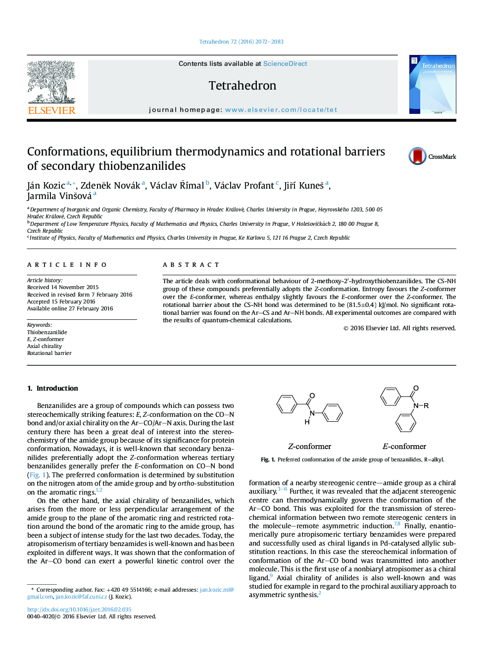 Conformations, equilibrium thermodynamics and rotational barriers of secondary thiobenzanilides