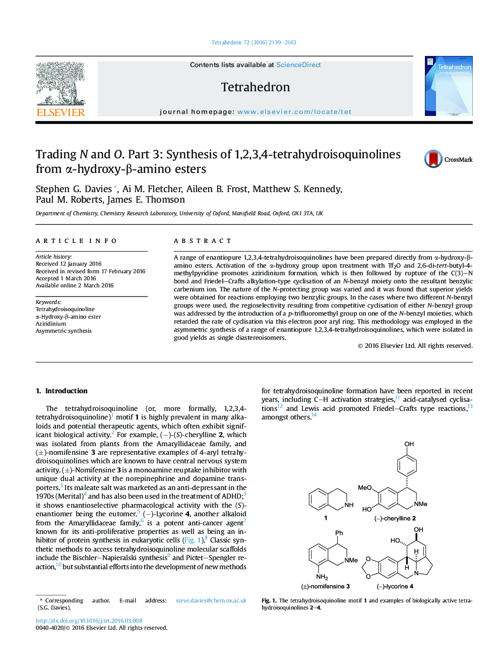 Trading N and O. Part 3: Synthesis of 1,2,3,4-tetrahydroisoquinolines from Î±-hydroxy-Î²-amino esters