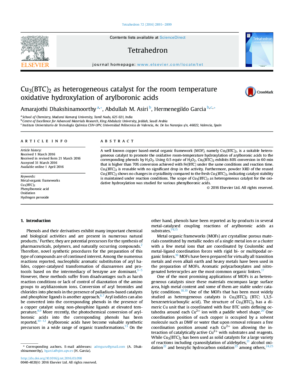 Cu3(BTC)2 as heterogeneous catalyst for the room temperature oxidative hydroxylation of arylboronic acids