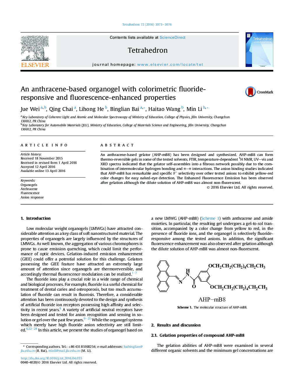 An anthracene-based organogel with colorimetric fluoride-responsive and fluorescence-enhanced properties