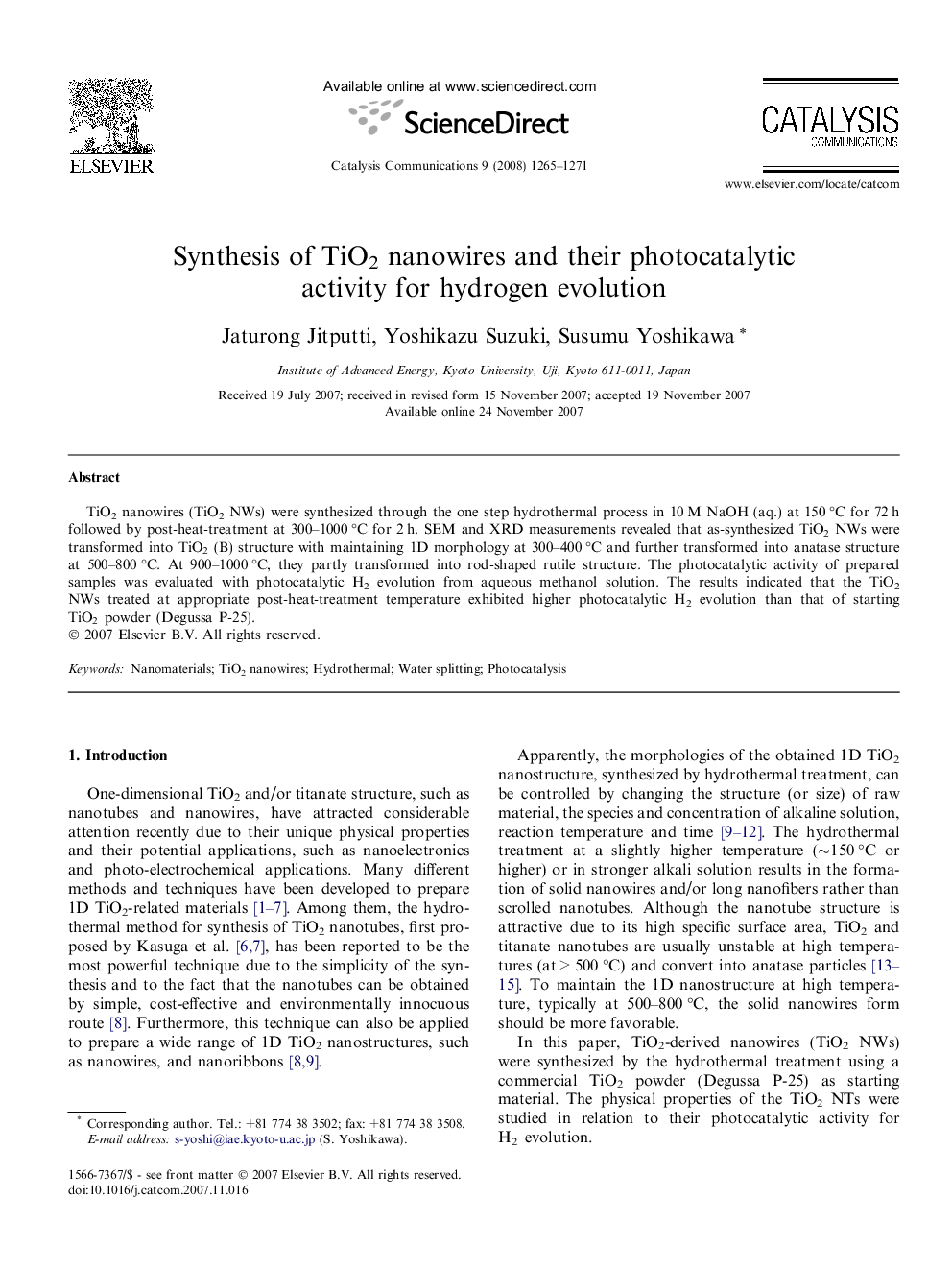 Synthesis of TiO2 nanowires and their photocatalytic activity for hydrogen evolution