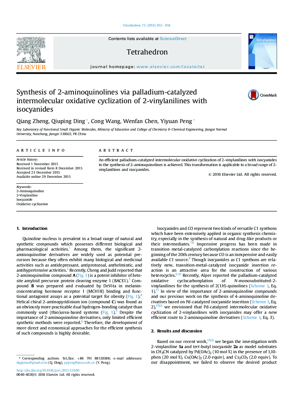 Synthesis of 2-aminoquinolines via palladium-catalyzed intermolecular oxidative cyclization of 2-vinylanilines with isocyanides