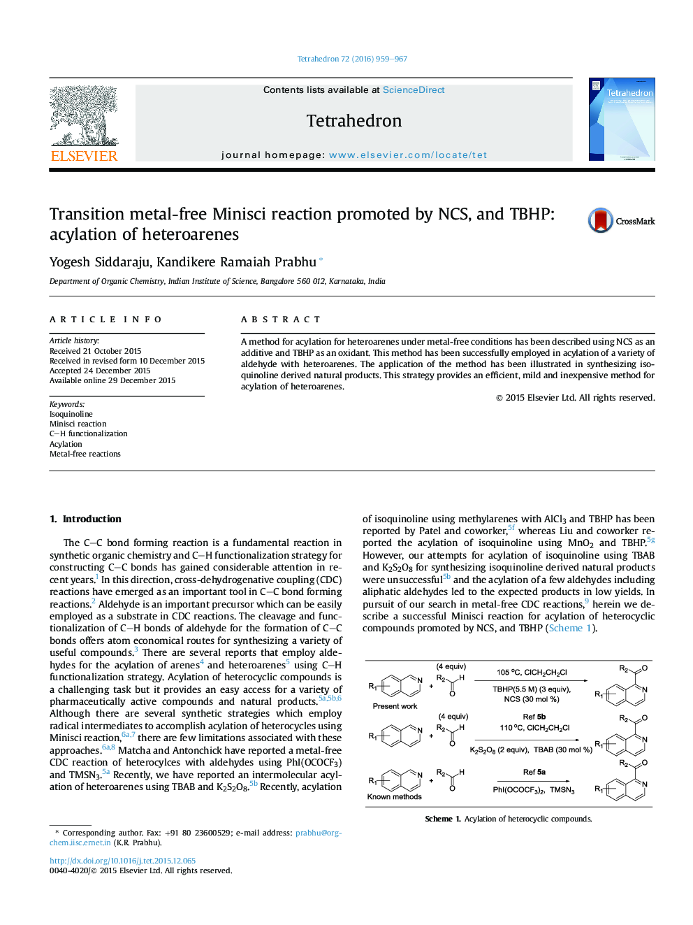 Transition metal-free Minisci reaction promoted by NCS, and TBHP: acylation of heteroarenes