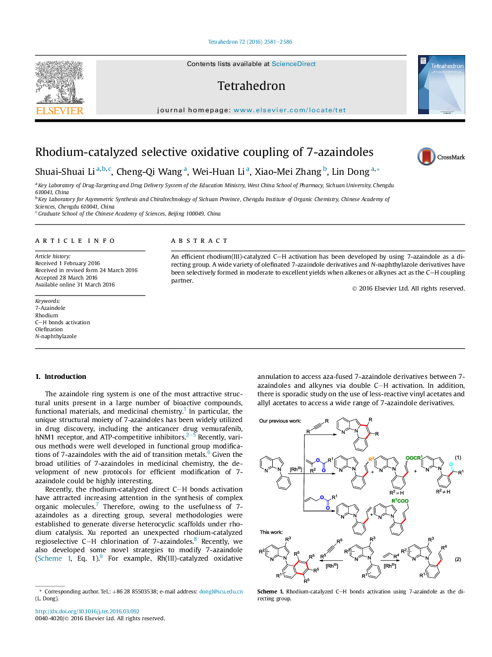 Rhodium-catalyzed selective oxidative coupling of 7-azaindoles