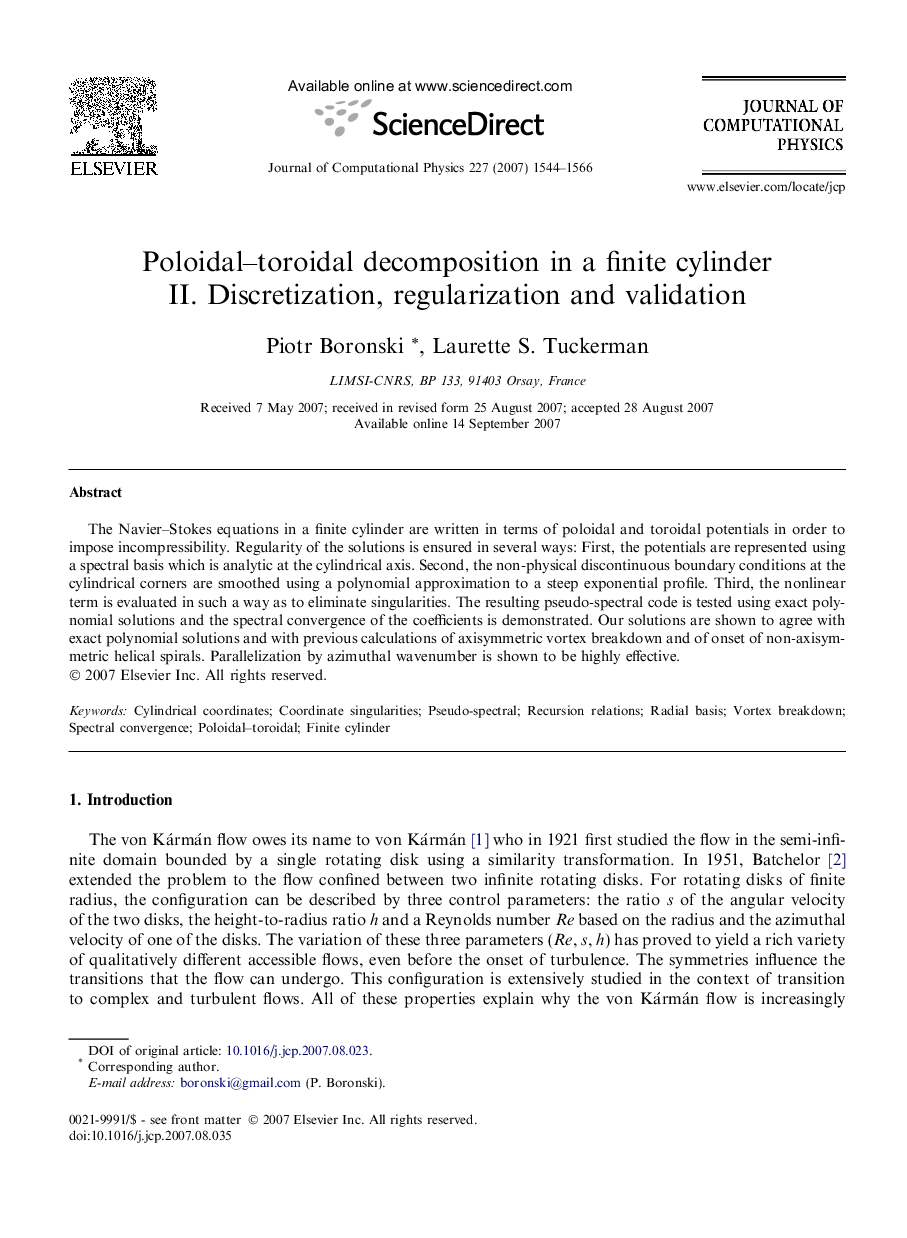 Poloidal–toroidal decomposition in a finite cylinder: II. Discretization, regularization and validation