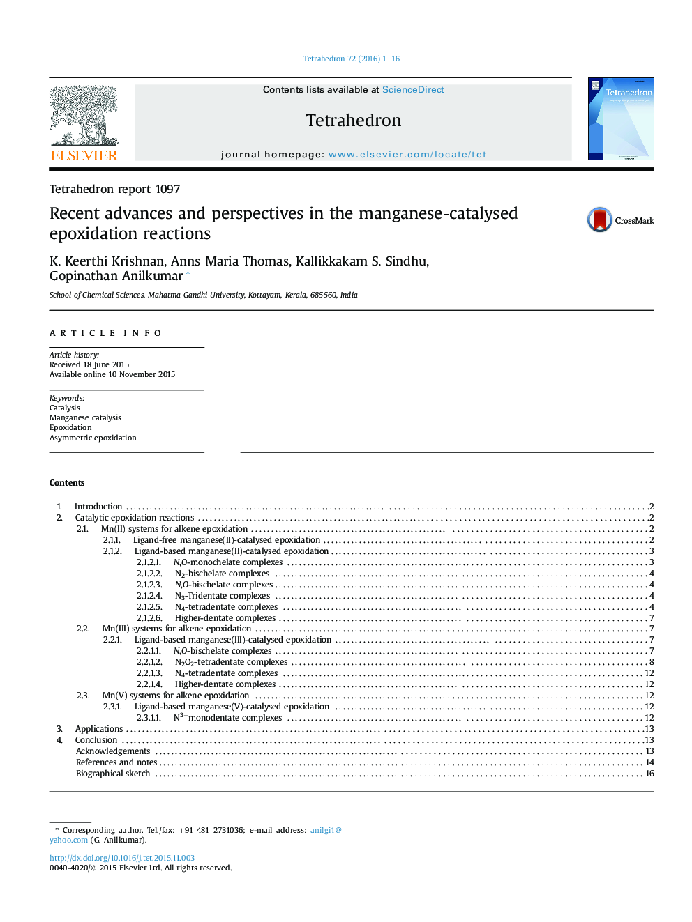 Tetrahedron report 1097Recent advances and perspectives in the manganese-catalysed epoxidation reactions