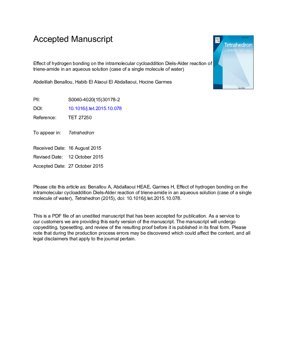 Effect of hydrogen bonding on the intramolecular cycloaddition Diels-Alder reaction of triene-amide in an aqueous solution (case of a single molecule of water)