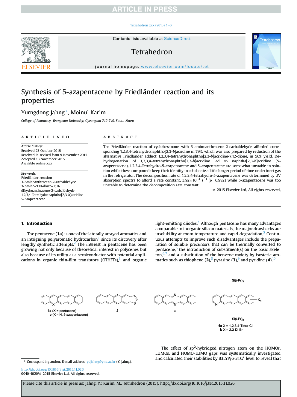 Synthesis of 5-azapentacene by Friedländer reaction and its properties