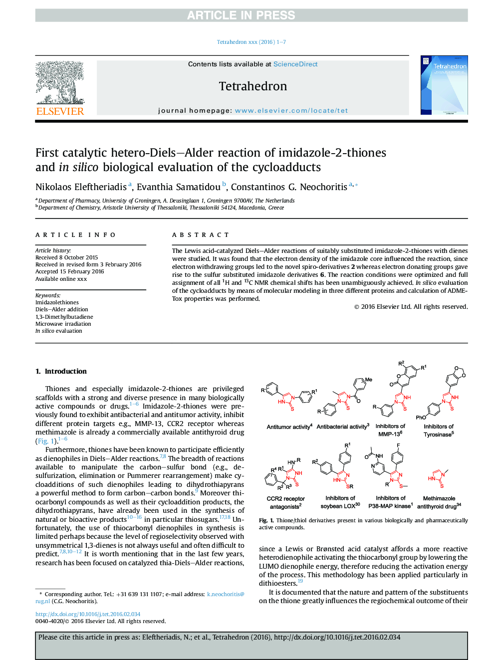 واکنش اول کاتالیزوری هترو دیلز-آلدریم ایزادول 2-تیون ها و در ارزیابی بیولوژیکی سیکلوکود 