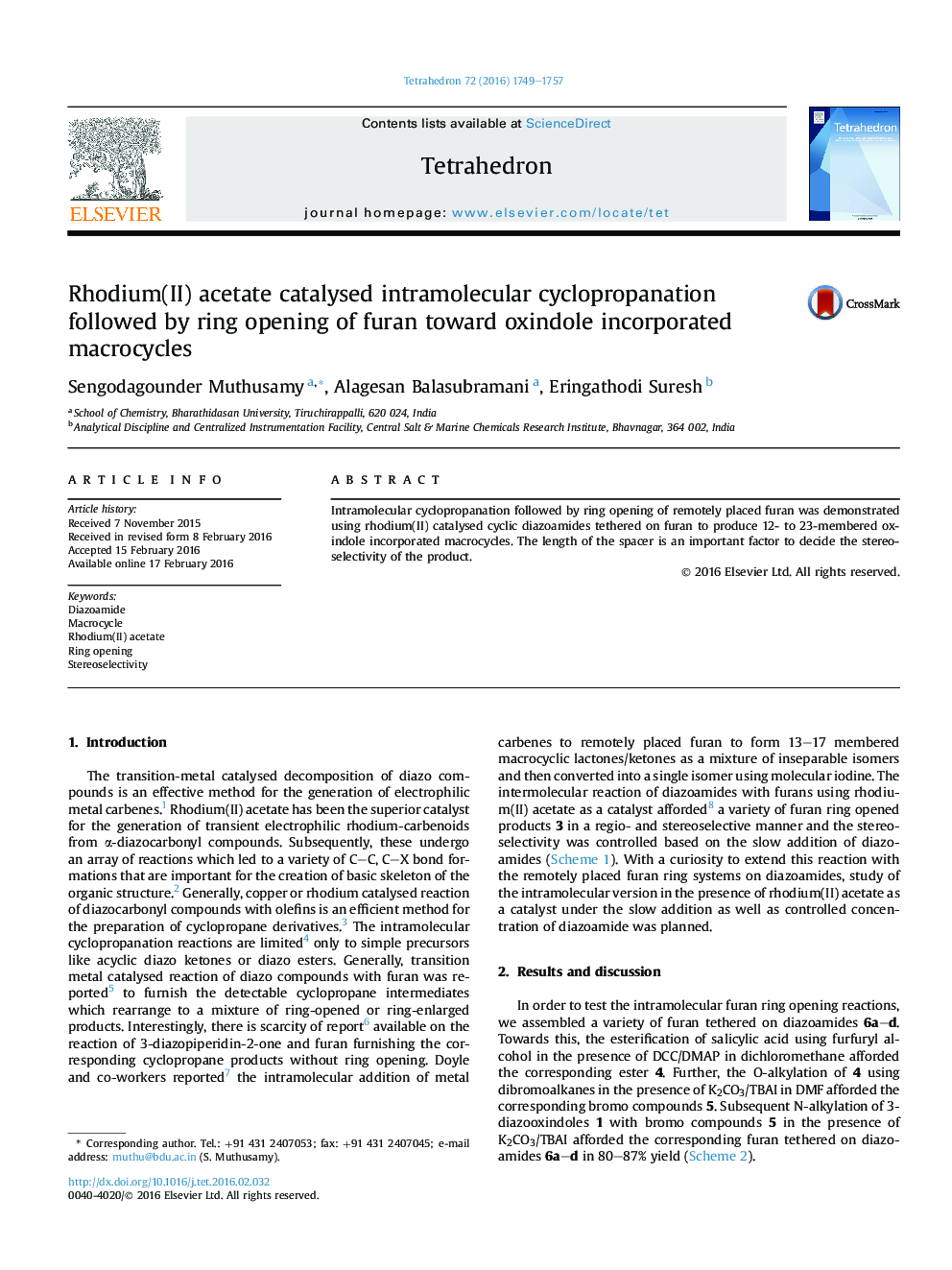 Rhodium(II) acetate catalysed intramolecular cyclopropanation followed by ring opening of furan toward oxindole incorporated macrocycles