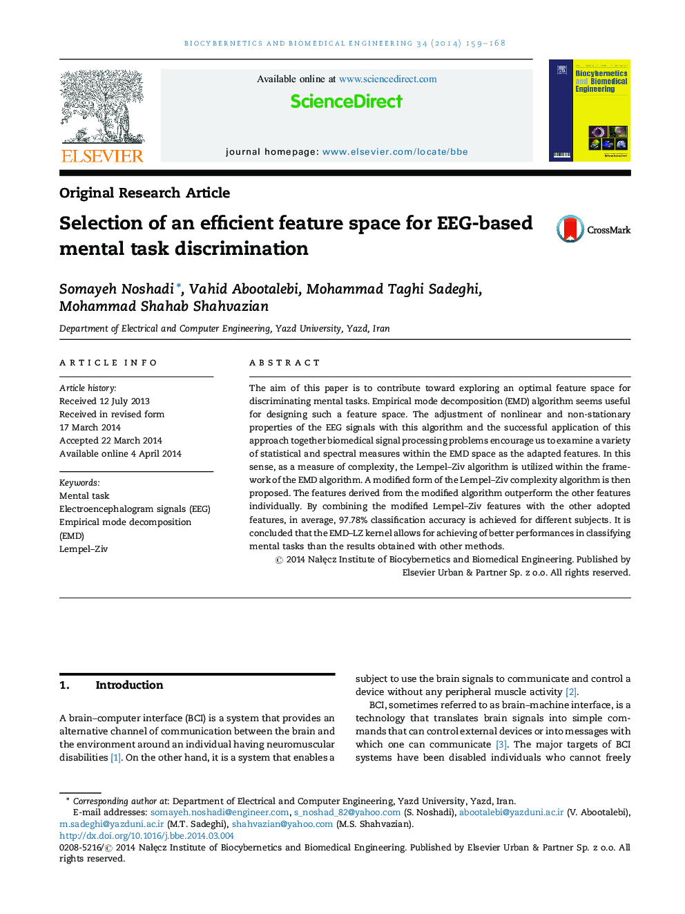 Selection of an efficient feature space for EEG-based mental task discrimination