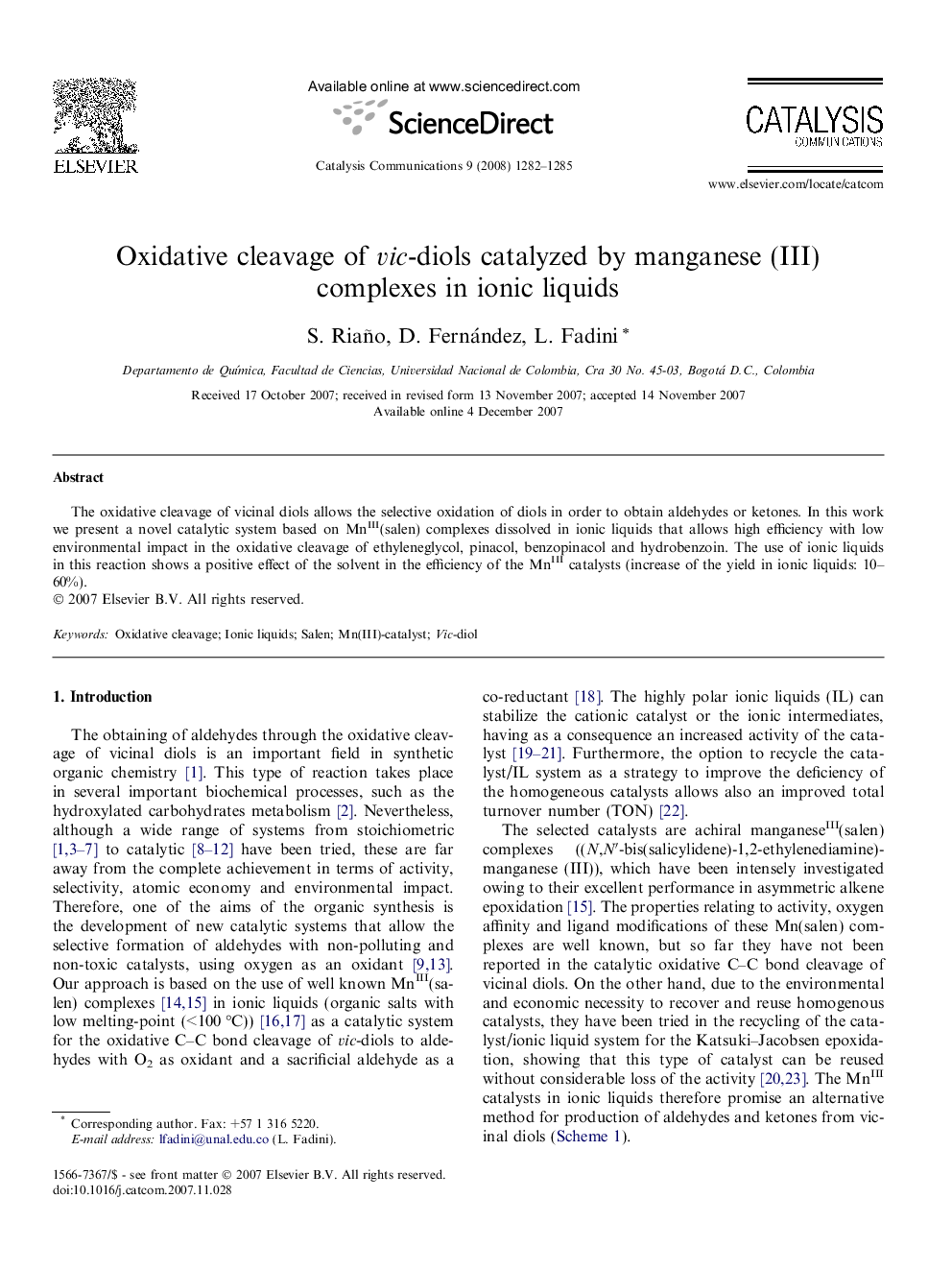 Oxidative cleavage of vic-diols catalyzed by manganese (III) complexes in ionic liquids