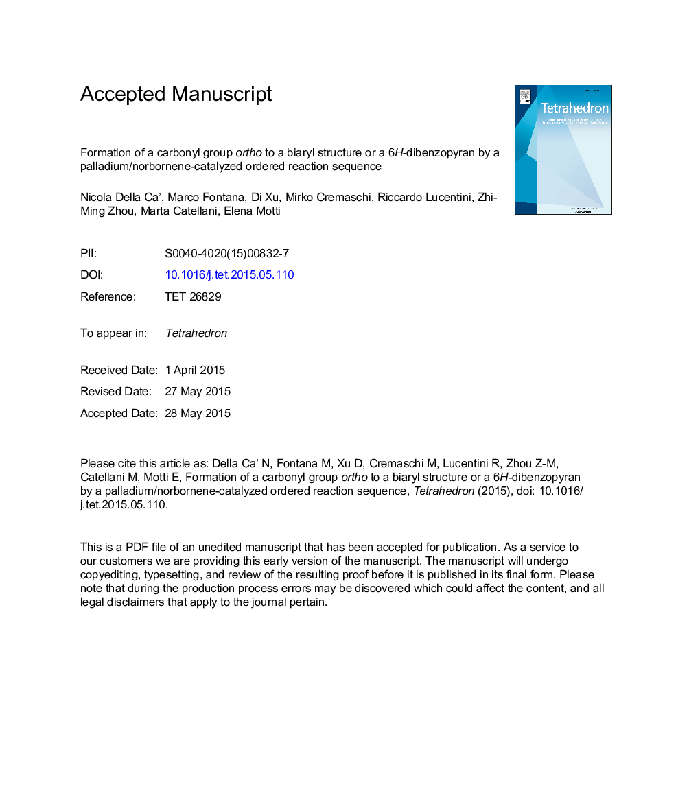 Formation of a carbonyl group ortho to a biaryl structure or a 6H-dibenzopyran by a palladium/norbornene-catalyzed ordered reaction sequence